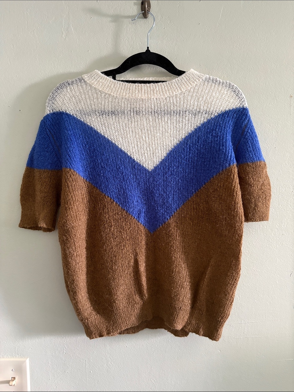 Chevron wool Colorblock Crewneck Sweater - Brown/Blue/Cream M